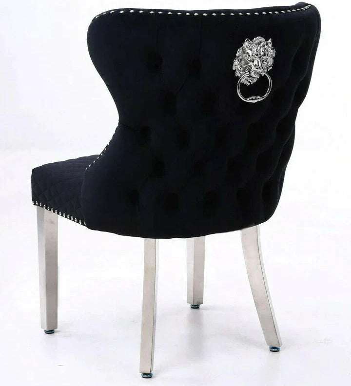 Louis 160cm Marble & Chrome Dining Table With Valentino Lion Knocker Velvet Chairs