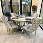 Chelsea 130cm Grey Marble Round Dining Table + Valente Grey Lion Button Chairs-Esme Furnishings