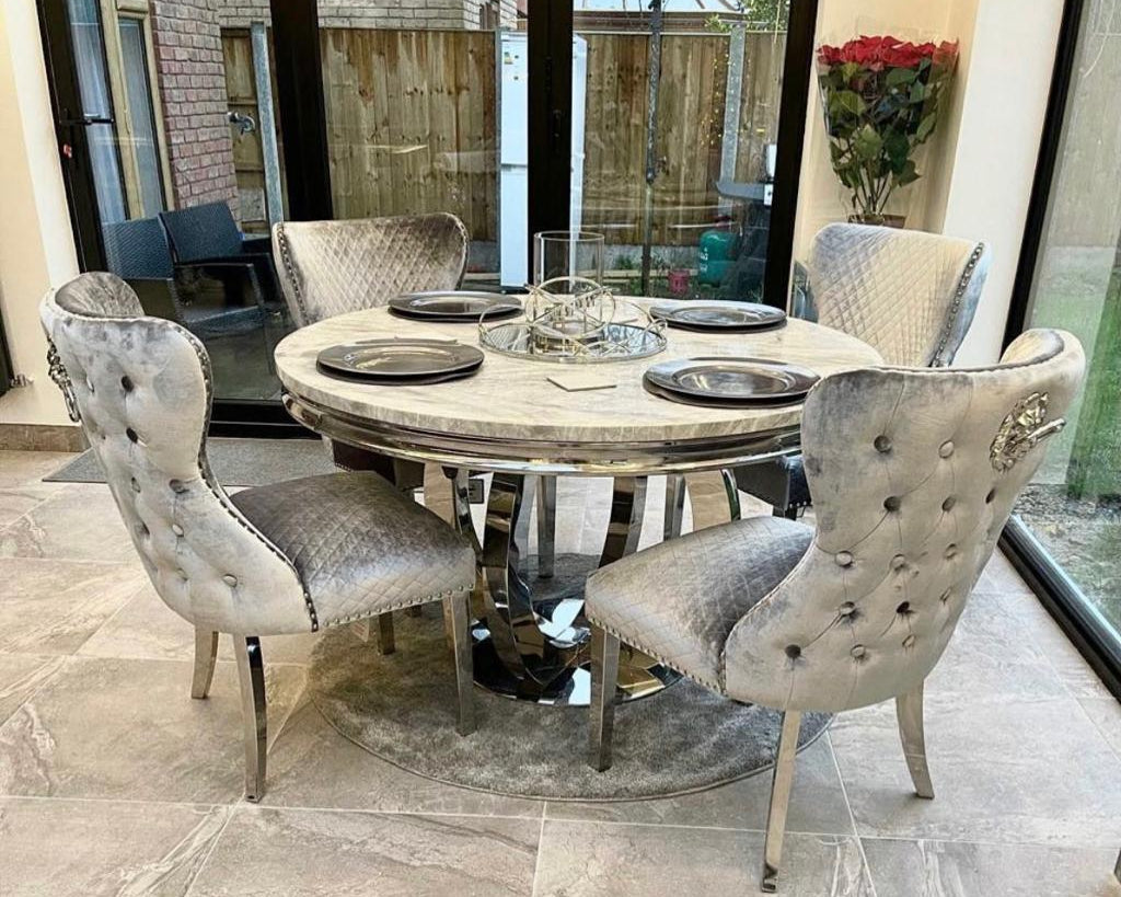 Chelsea 130cm Grey Marble Round Dining Table + Valente Grey Lion Button Chairs-Esme Furnishings