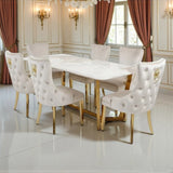 Lucien Pandora Gold Marble Dining Table With Victoria Gold Lion Dining Chairs
