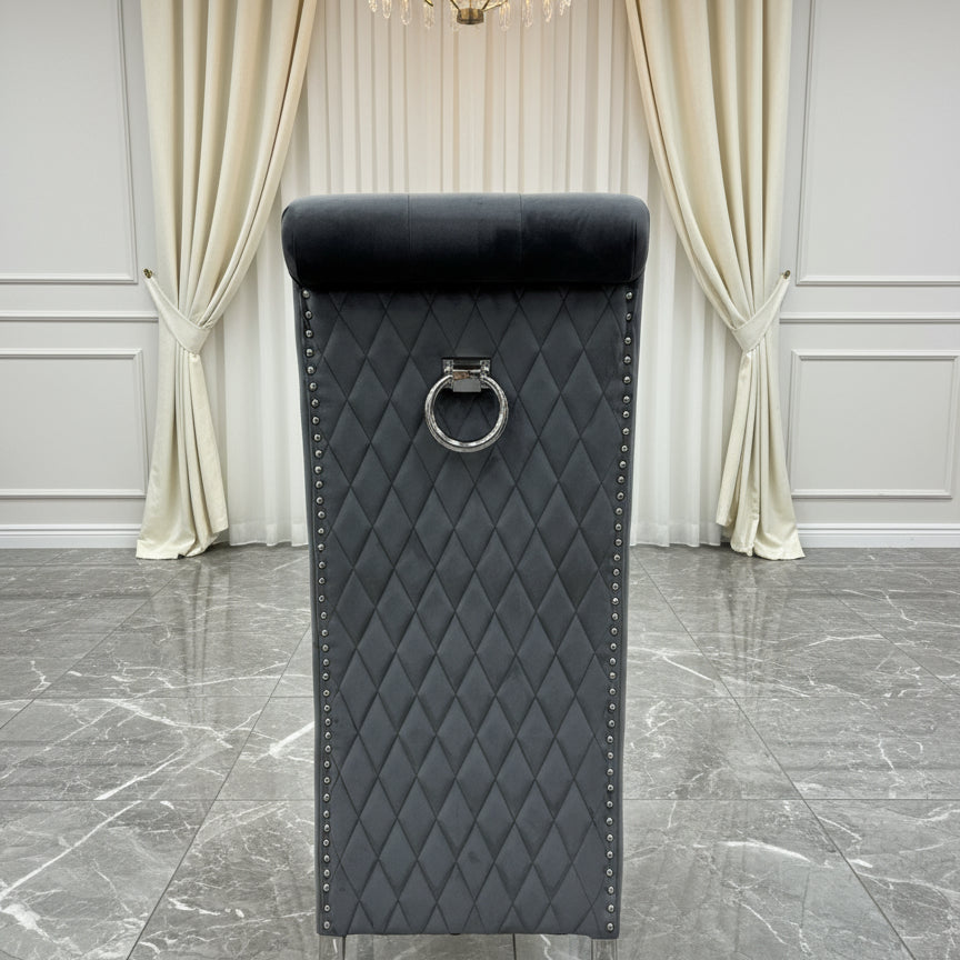 Louis Marble & Chrome Dining Table With Lucy Slim Quilted Ring Knocker Grey Velvet Chairs