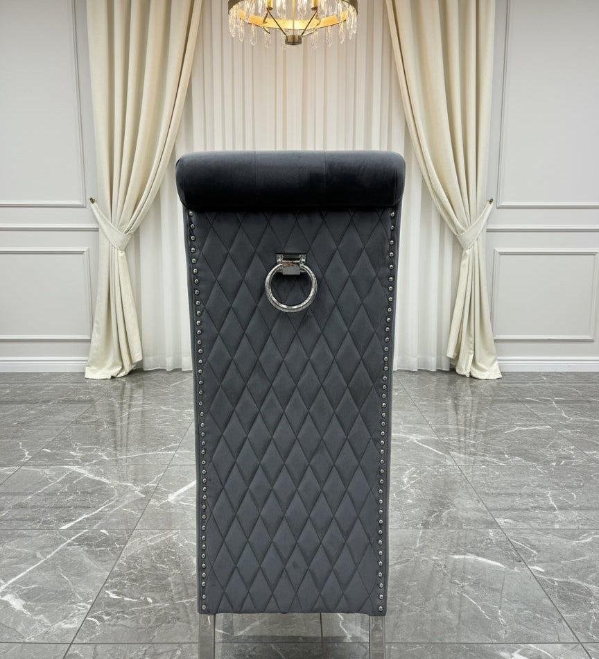 Louis Marble & Chrome Dining Table With Lucy Slim Quilted Ring Knocker Grey Velvet Chairs
