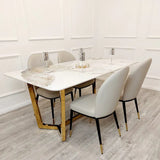 Lucien 180cm Gold Dining Table with Pandora Gold Sintered Stone Top + Etta Beige PU Leather Dining Chairs-Esme Furnishings