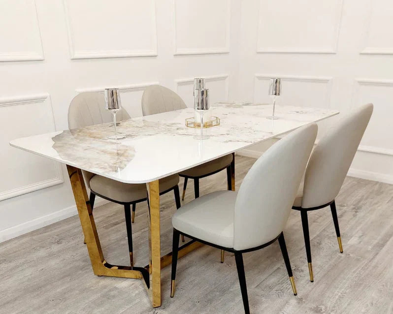 Lucien 180cm Gold Dining Table with Pandora Gold Sintered Stone Top + Etta Beige PU Leather Dining Chairs-Esme Furnishings