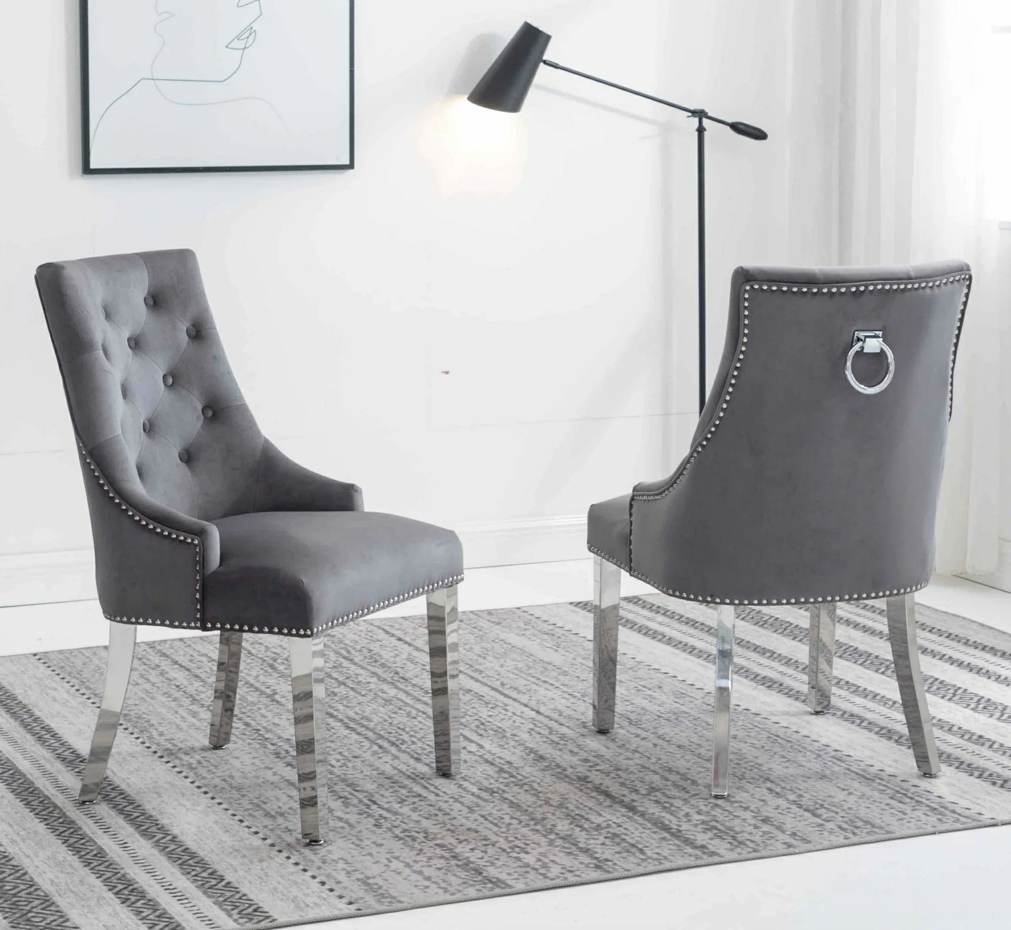 Knightsbridge Dark Grey French Velvet Knocker Back Dining Chair With Chrome Legs-Esme Furnishings