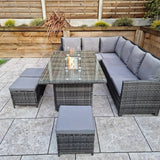 Carly Outdoor Garden Grey Rattan Corner Sofa Dining Fire Pit Set