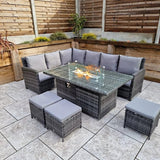 Carly Outdoor Garden Grey Rattan Corner Sofa Dining Fire Pit Set