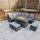 Carly Outdoor Garden Grey Rattan Corner Sofa Dining Fire Pit Set
