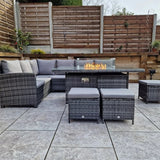 Carly Outdoor Garden Grey Rattan Corner Sofa Dining Fire Pit Set