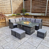 Carly Outdoor Garden Grey Rattan Corner Sofa Dining Fire Pit Set
