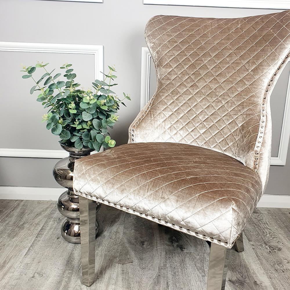 Valente Champagne Mink Velvet Fabric Button Back Lion Knocker Quilted Dining Chair-Esme Furnishings