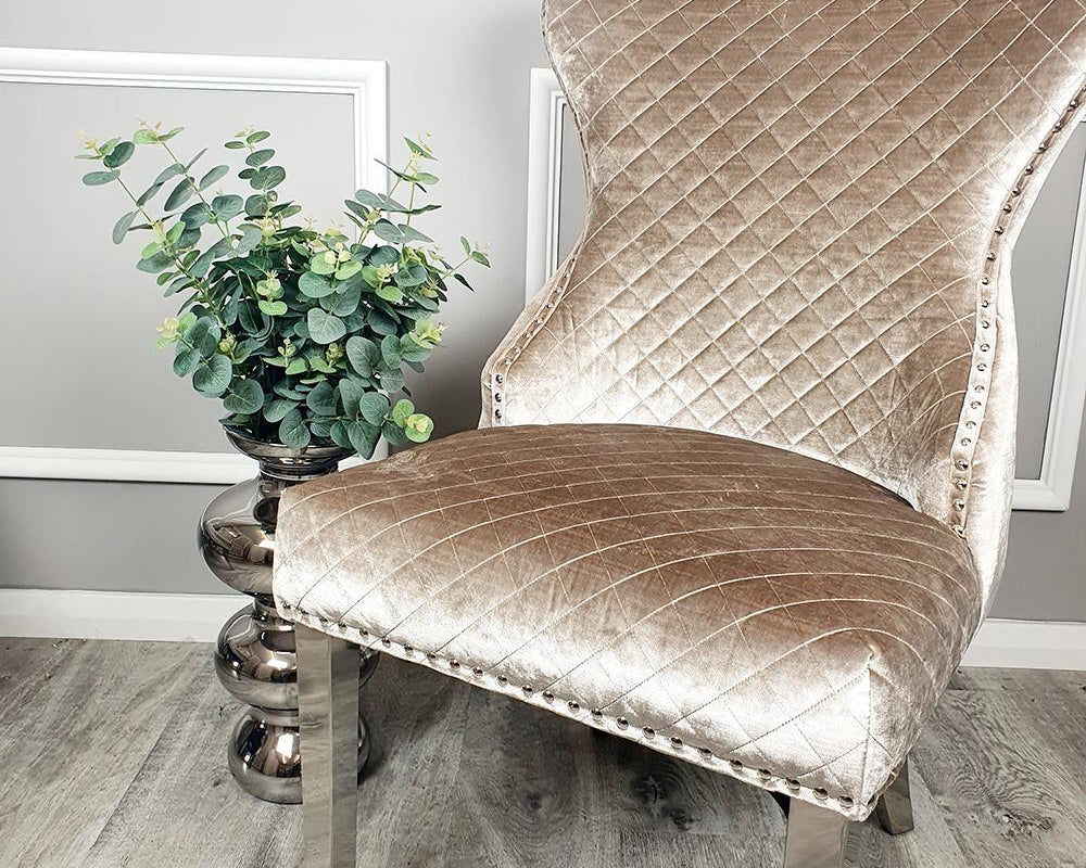 Valente Champagne Mink Velvet Fabric Button Back Lion Knocker Quilted Dining Chair-Esme Furnishings
