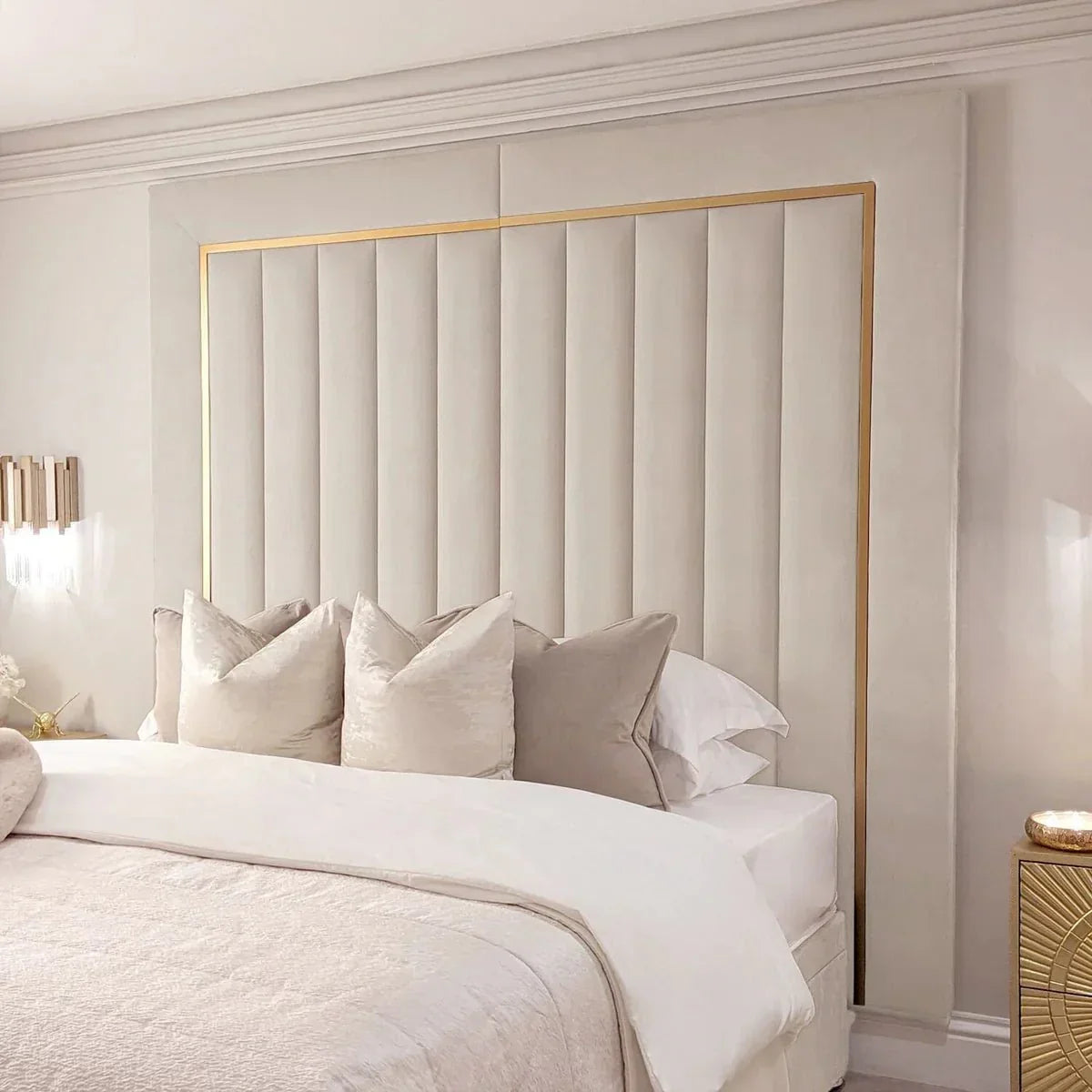 Como Cream Gold Trim Channelled Luxury Panel Bed & Base - Esme Furnishings