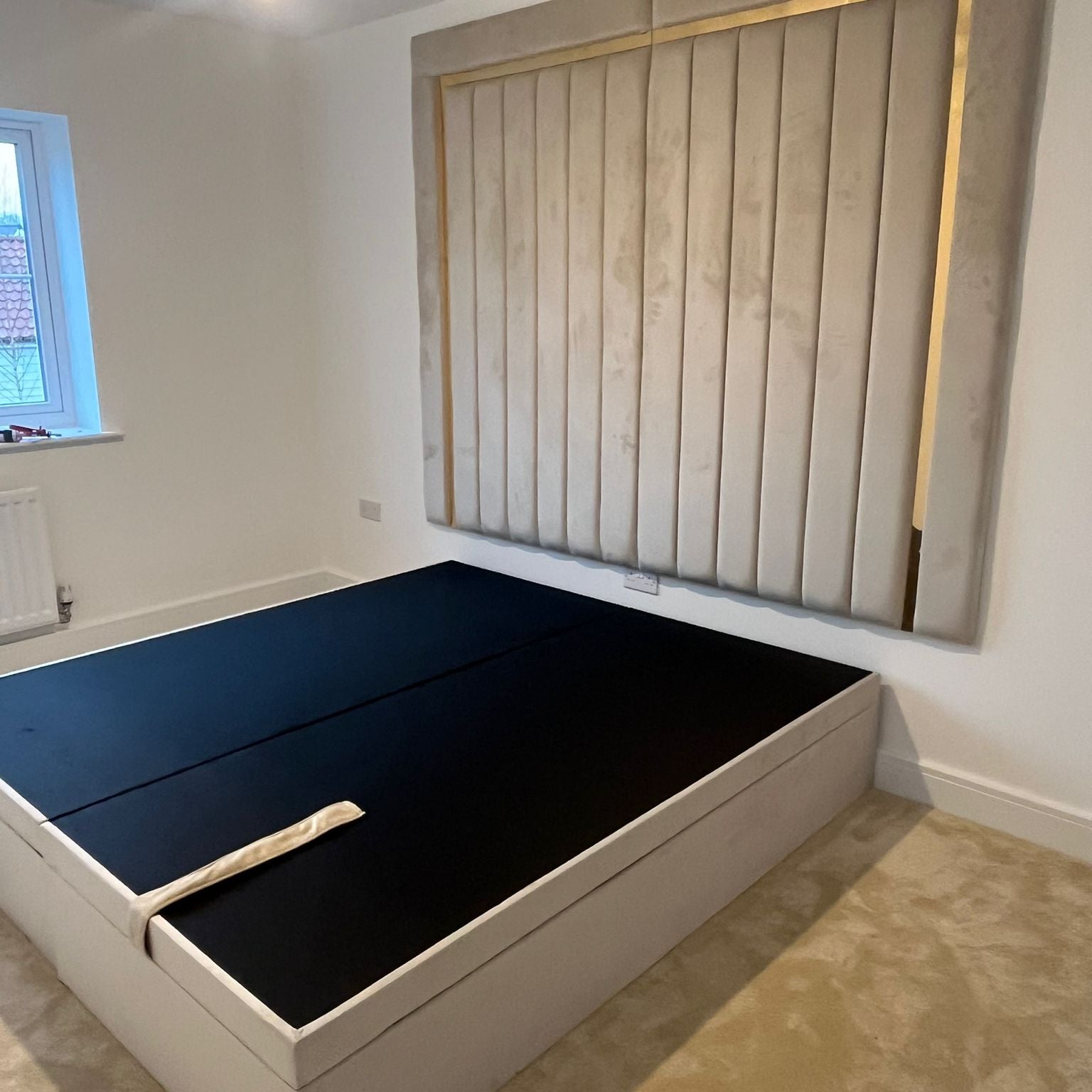 Como Cream Gold Trim Channelled Luxury Panel Bed & Base - Esme Furnishings