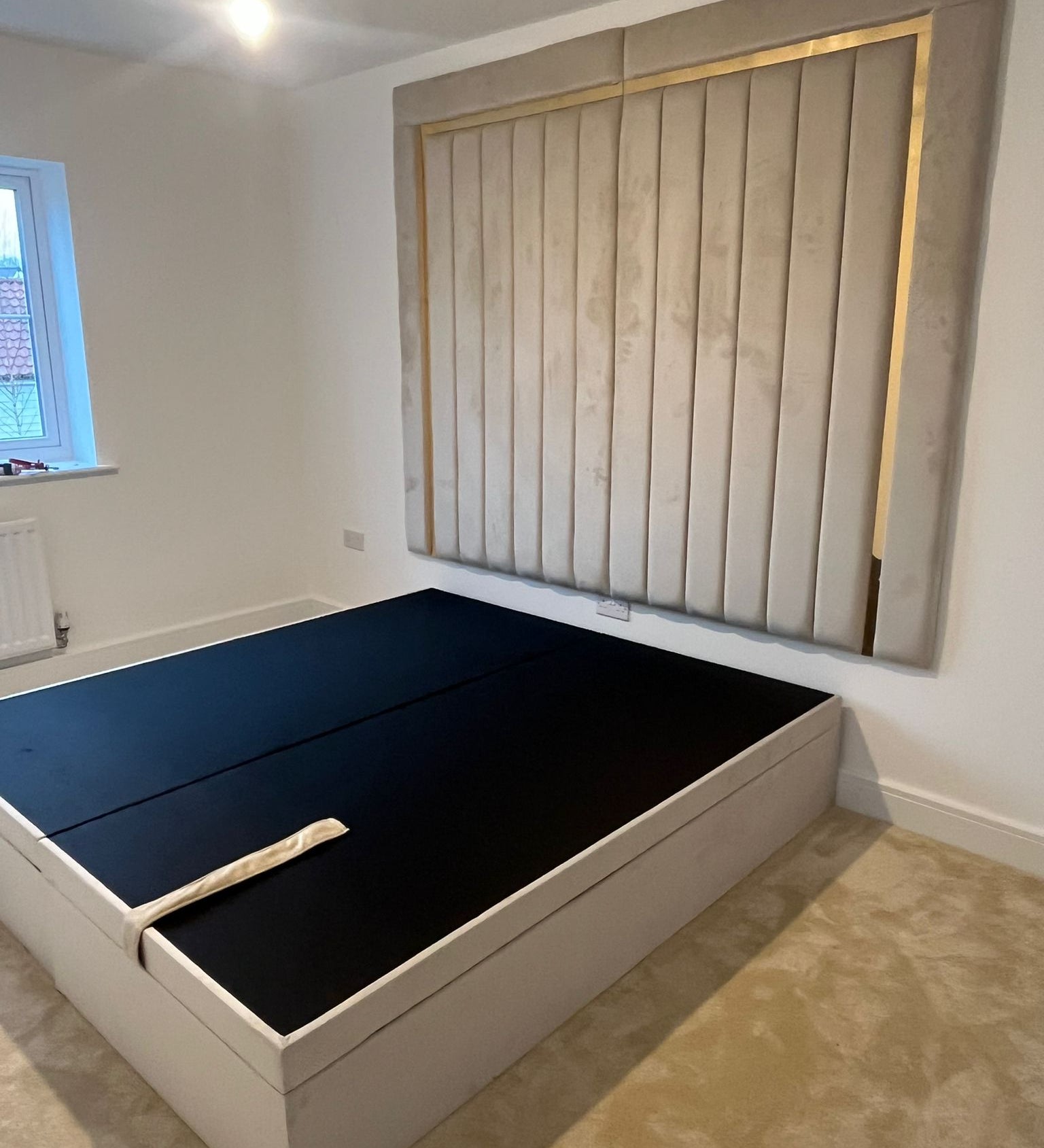 Como Cream Gold Trim Channelled Luxury Panel Bed & Base - Esme Furnishings