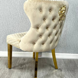 Louis Gold Cream Marble Dining Table With Valentino Gold Lion Knocker Dining Chairs