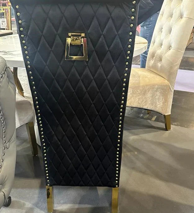 Louis Pandora Gold Marble Dining Table With Lucy Slim Quilted Gold Ring Knocker Velvet Chairs