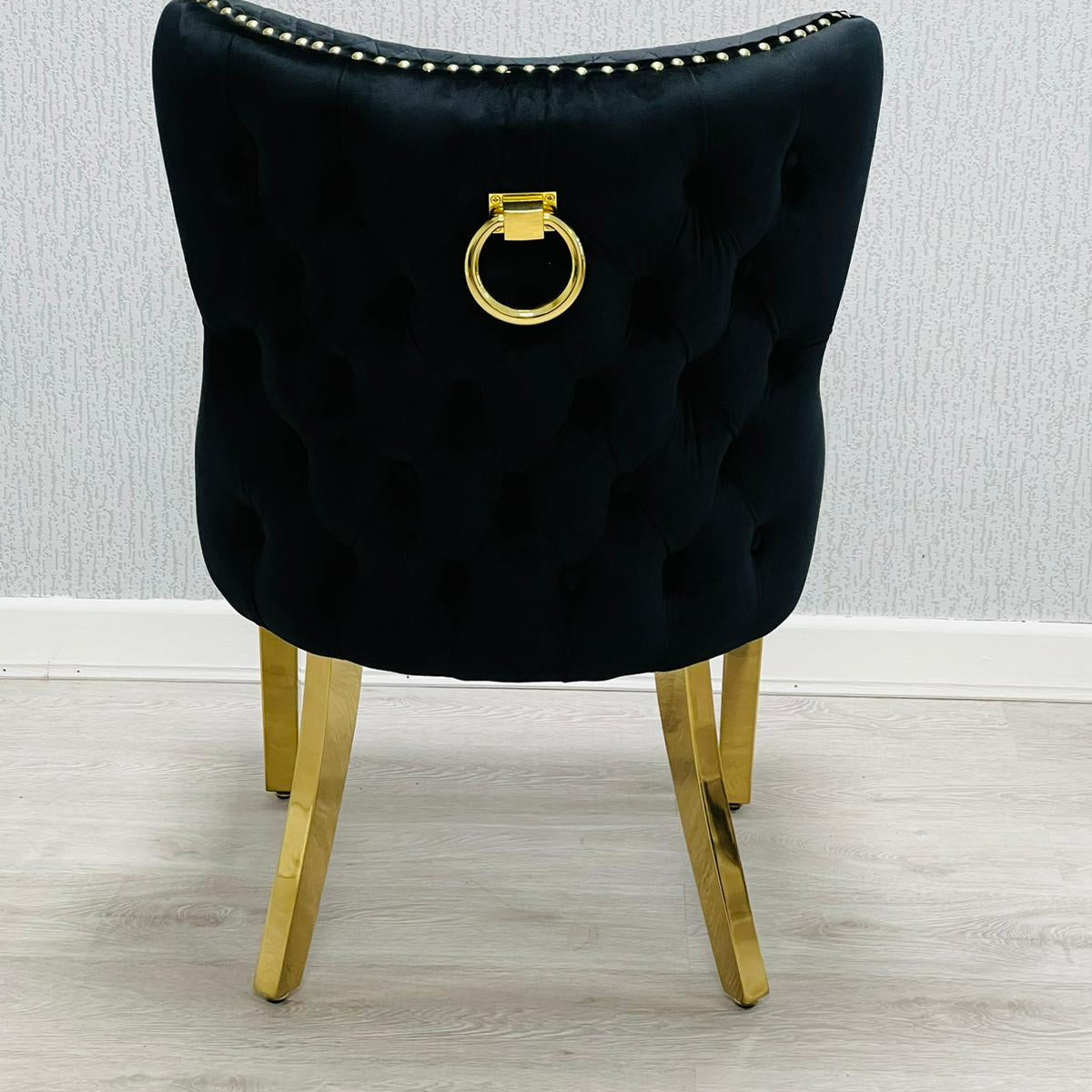 Valentino Gold Ring Black Plush Velvet Dining Chair Gold Legs-Esme Furnishings