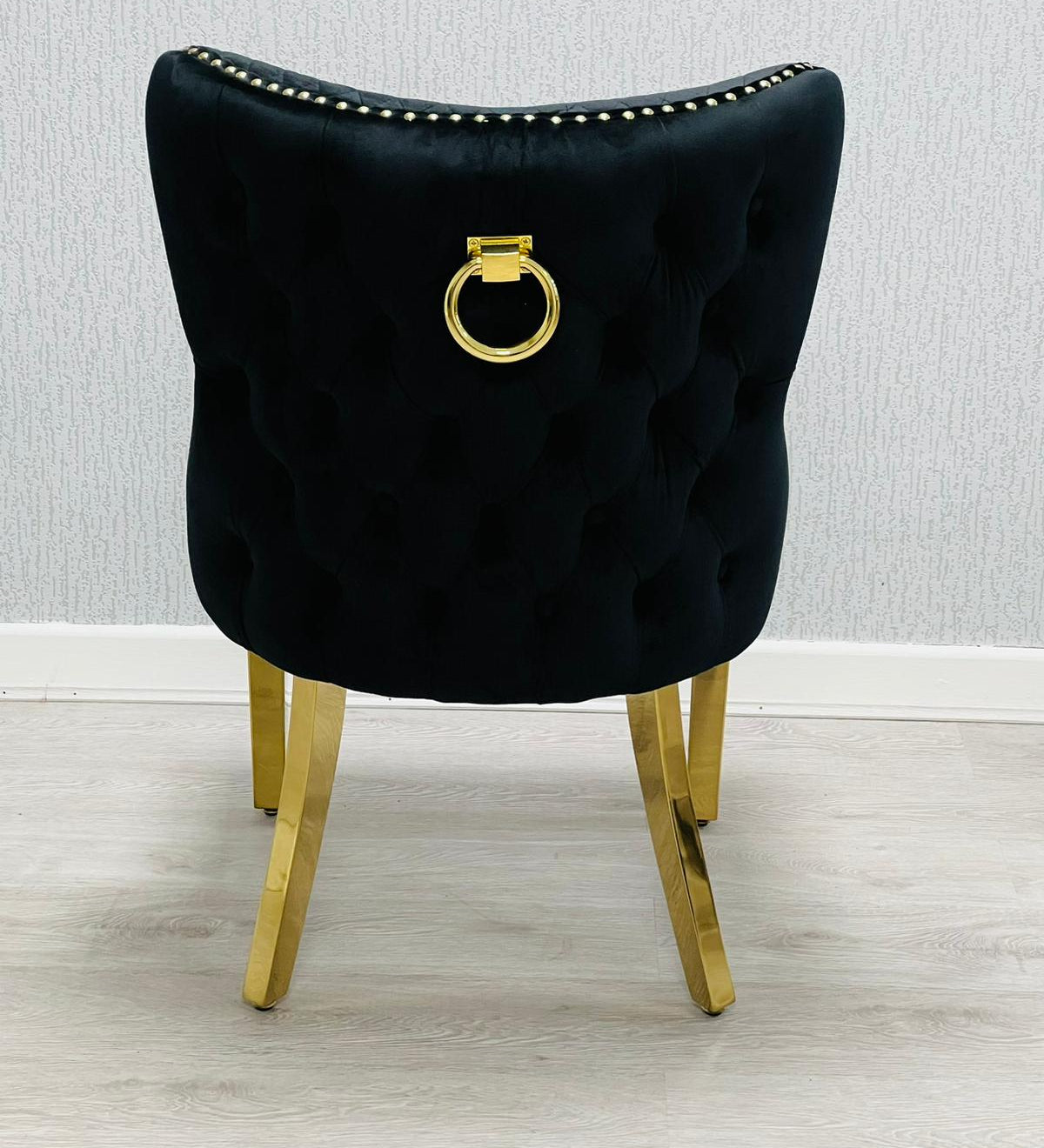 Valentino Gold Ring Black Plush Velvet Dining Chair Gold Legs-Esme Furnishings
