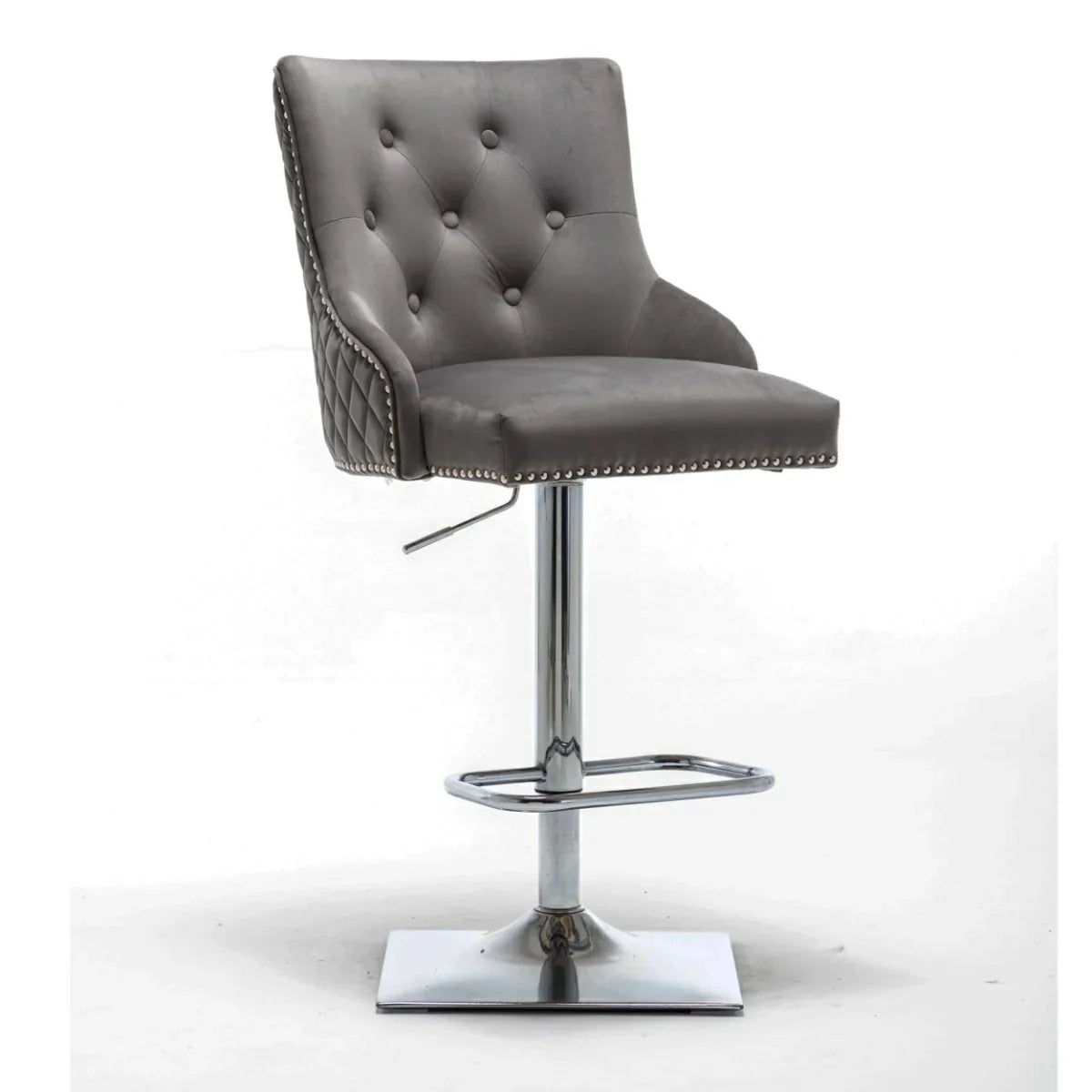 Portland, Dark Grey French Velvet, Ring Knocker Quilted Back Bar Stool-Esme Furnishings