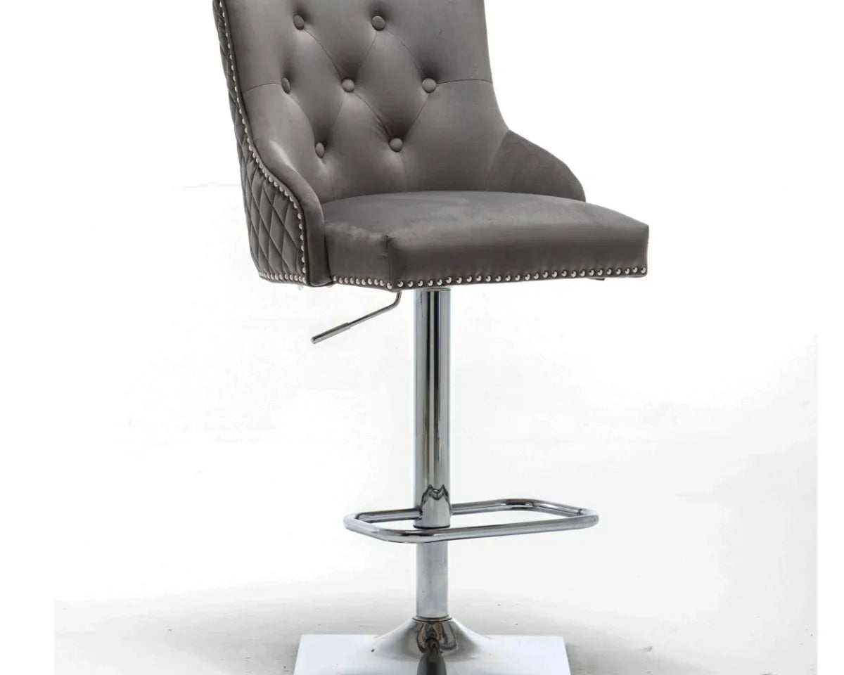 Portland, Dark Grey French Velvet, Ring Knocker Quilted Back Bar Stool-Esme Furnishings