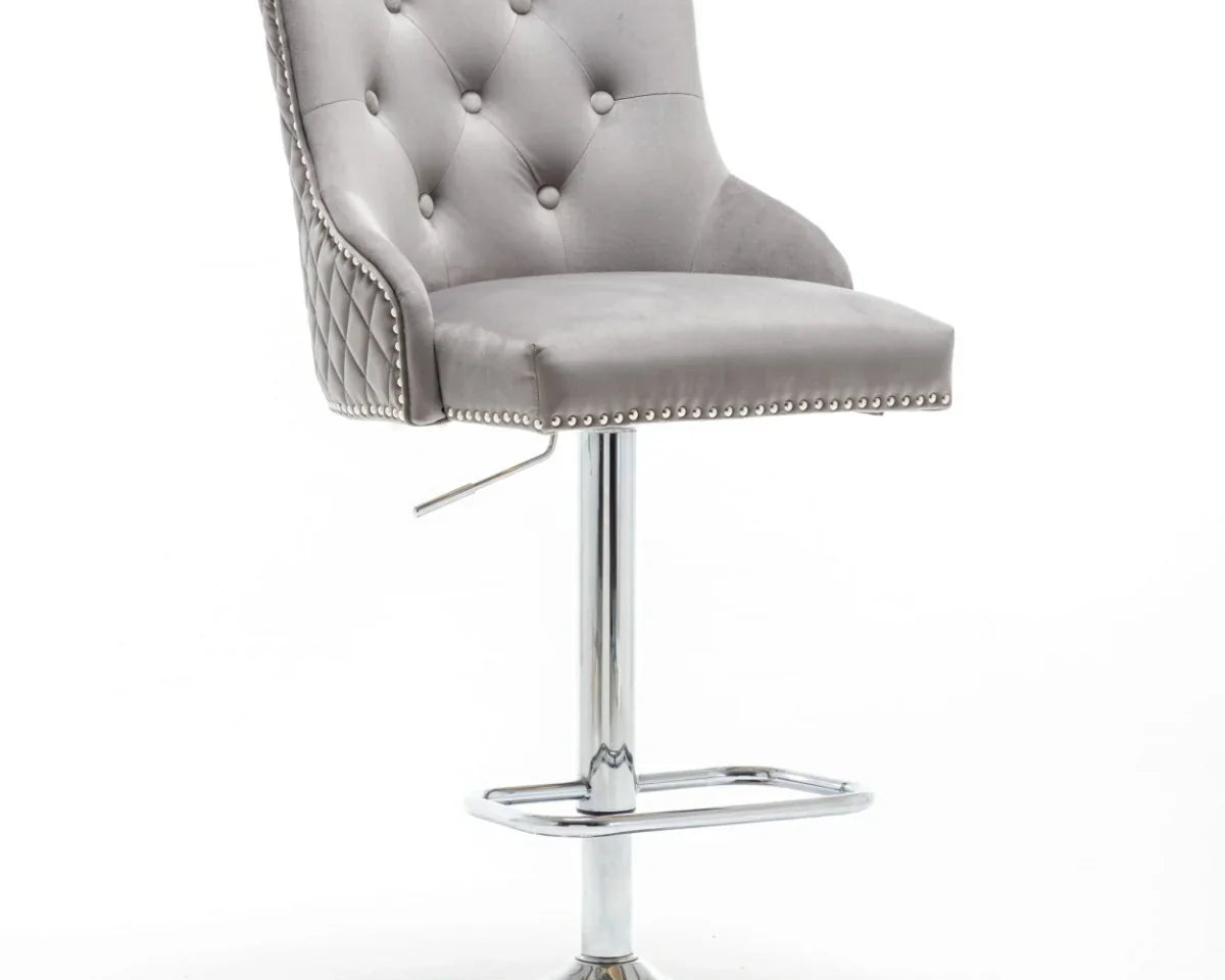 Portland, Light Grey French Velvet, Ring Knocker Quilted Back Bar Stool-Esme Furnishings
