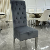 Louis Marble & Chrome Dining Table With Lucy Slim Quilted Ring Knocker Grey Velvet Chairs