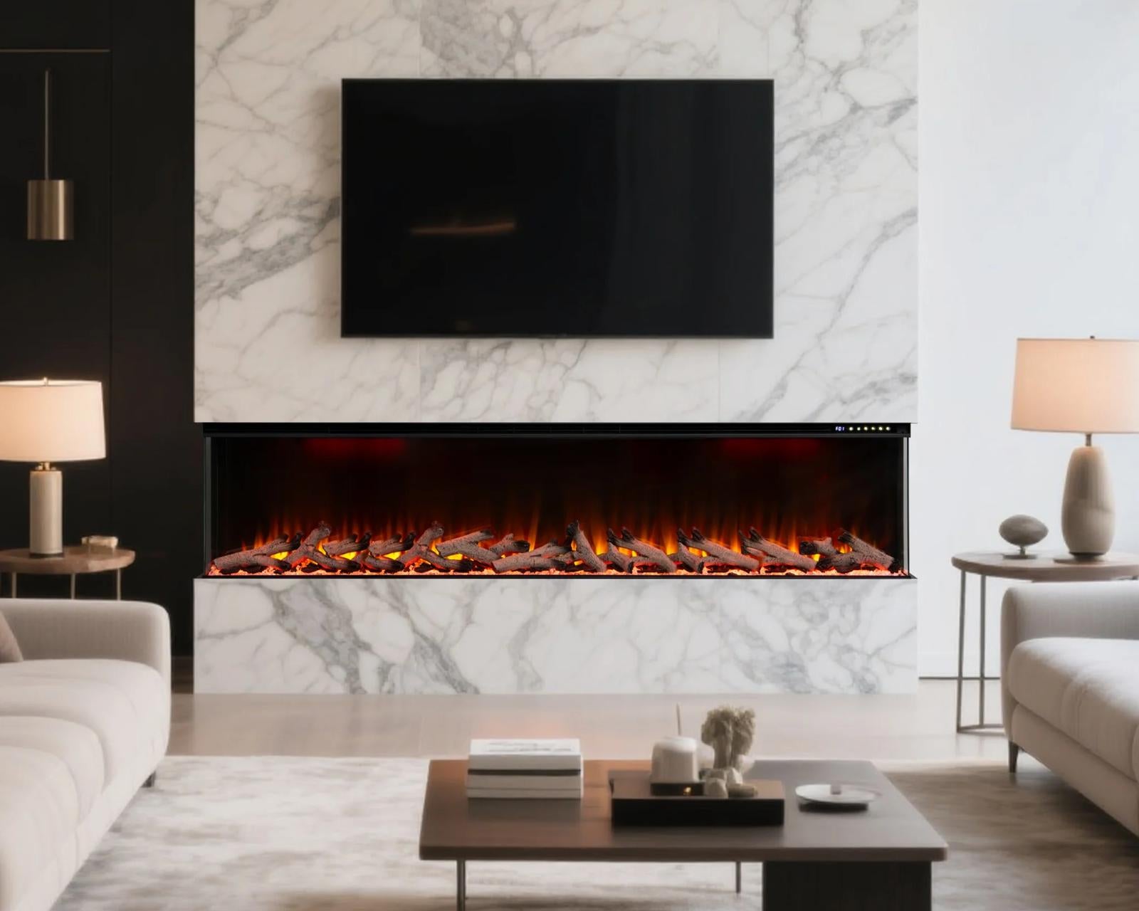 Maison 80 Inch 2025 Panoramic Smart Alexa Media Wall Fire 3 Sided Glass LED WiFi Electric UHD Fireplace
