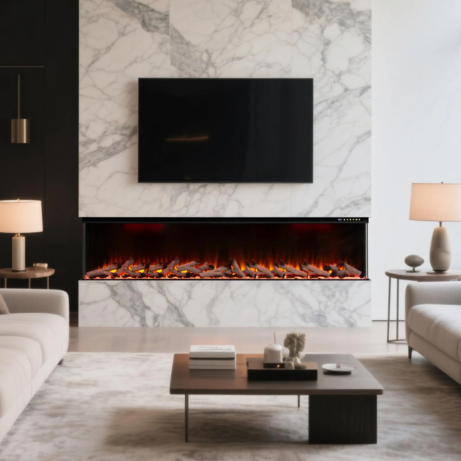 Maison 80 Inch 2025 Panoramic Smart Alexa Media Wall Fire 3 Sided Glass LED WiFi Electric UHD Fireplace