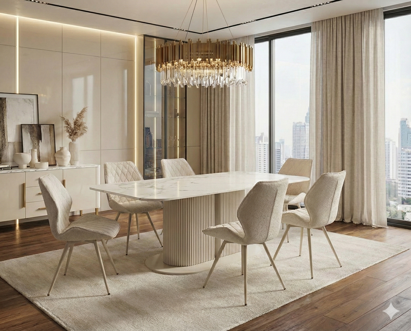Sydney 160cm Cream Gold Ceramic Marble Dining Table With Beige Velvet Dining Chairs