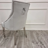 Louis Marble & Chrome Dining Table With Chrome Ring Knocker Velvet Chairs