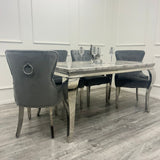 Louis 160cm Marble & Chrome Dining Table With Megan Chrome Ring Knocker Velvet Chairs