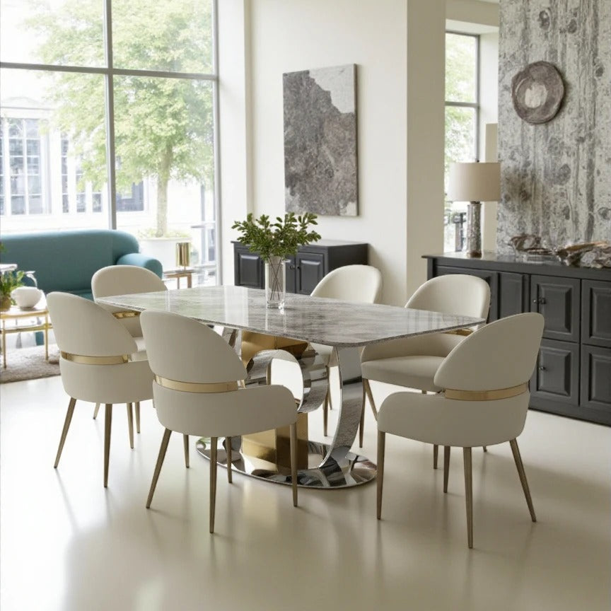 Madrid 180cm Gold Dining Table With Monarch Leather Gold Chairs
