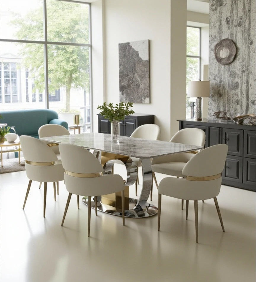 Madrid 180cm Gold Dining Table With Monarch Leather Gold Chairs