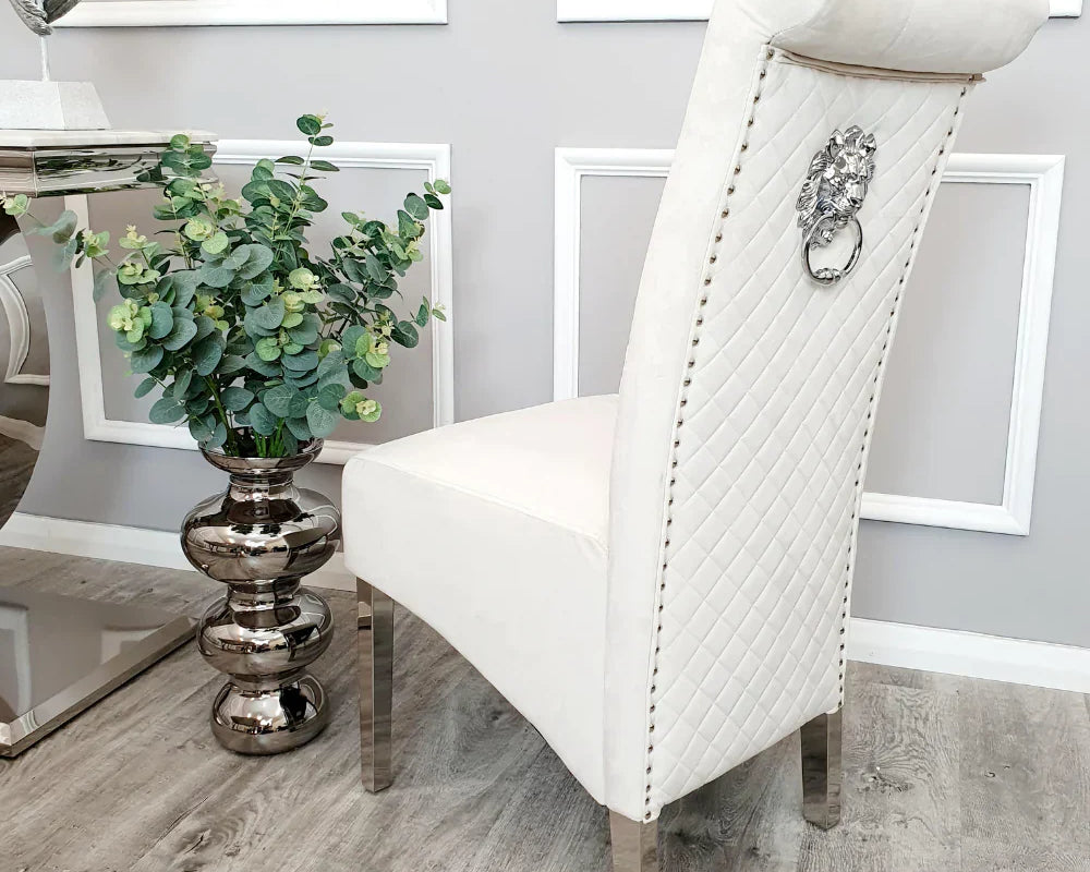 Lucy French Velvet Lion Knocker Quilted Emma Dining Chair With Chrome Legs In 3 Colours