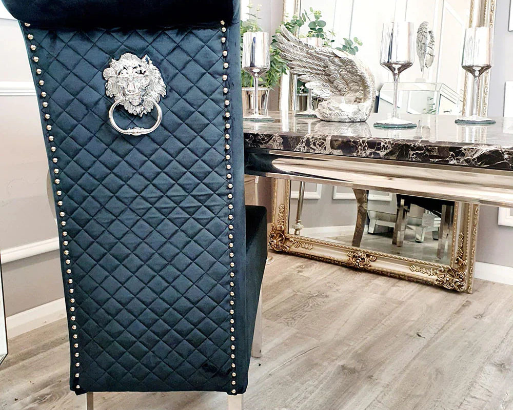 Lucy French Velvet Lion Knocker Quilted Emma Dining Chair With Chrome Legs In 3 Colours