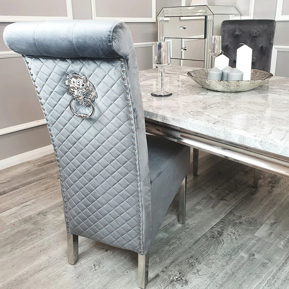 Sophia Grey French Velvet Lion Knocker Quilted Dining Chair With Chrome Legs-Esme Furnishings