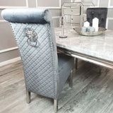 Arial 150cm Marble & Chrome Dining Table With Lucy Slim Quilted Lion Knocker Velvet Chairs