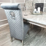 Louis 160CM Marble & Chrome Dining Table With Lucy Slim Quilted Lion Knocker Velvet Chairs