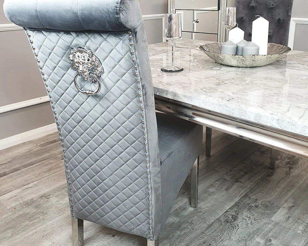 Sophia Grey French Velvet Lion Knocker Quilted Dining Chair With Chrome Legs-Esme Furnishings