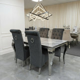 Louis Marble & Chrome Dining Table With Lucy Slim Quilted Ring Knocker Grey Velvet Chairs