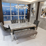 Louis Marble & Chrome Dining Table With Grey Ring Knocker Velvet Chairs & Bench