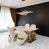 Arianna Marble & Gold Dining Table With Santos Curve Velvet Chairs Gold Legs