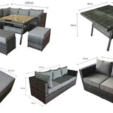 Megan Outdoor Garden Grey Rattan Corner Sofa and Square Firepit Dining Set