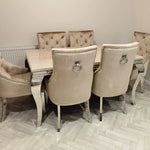 Louis 200cm Cream Marble Dining Table + Chrome Ring Knocker Dining Chairs-Esme Furnishings