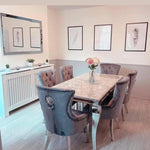 Louis Marble & Chrome Dining Table With Lion Knocker Velvet Chairs-Esme Furnishings