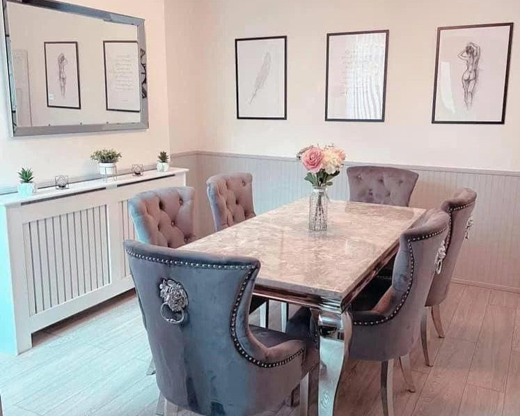 Louis Marble & Chrome Dining Table With Lion Knocker Velvet Chairs-Esme Furnishings