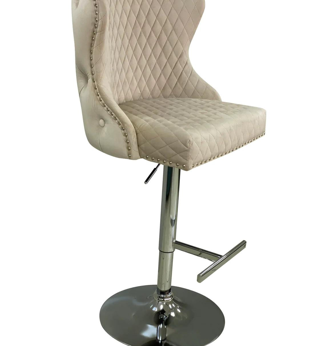 Valentino Mink Lion Knocker Quilted Back Plush Velvet Chrome Bar Stool-Esme Furnishings