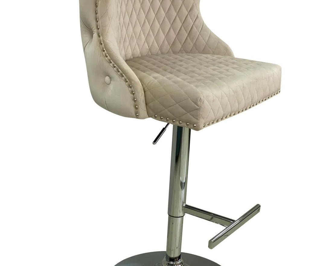 Valentino Mink Lion Knocker Quilted Back Plush Velvet Chrome Bar Stool-Esme Furnishings