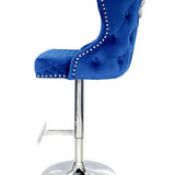 Valentino Navy Blue Lion Knocker Quilted Back Plush Velvet Chrome Bar Stool-Esme Furnishings